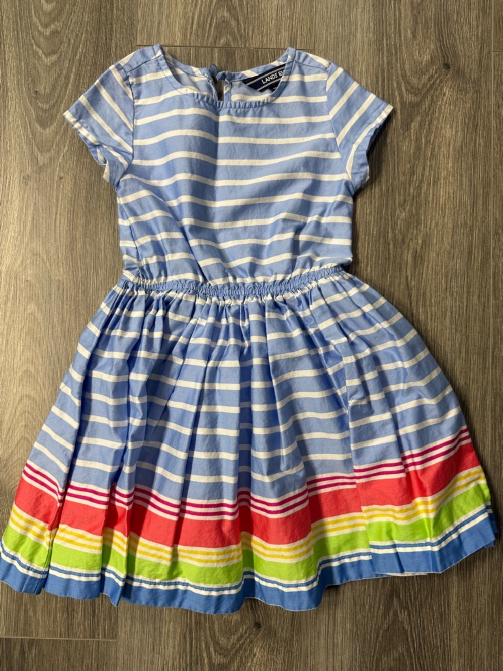 Lands' End Blue Striped Girls' Dress with Rainbow Hem